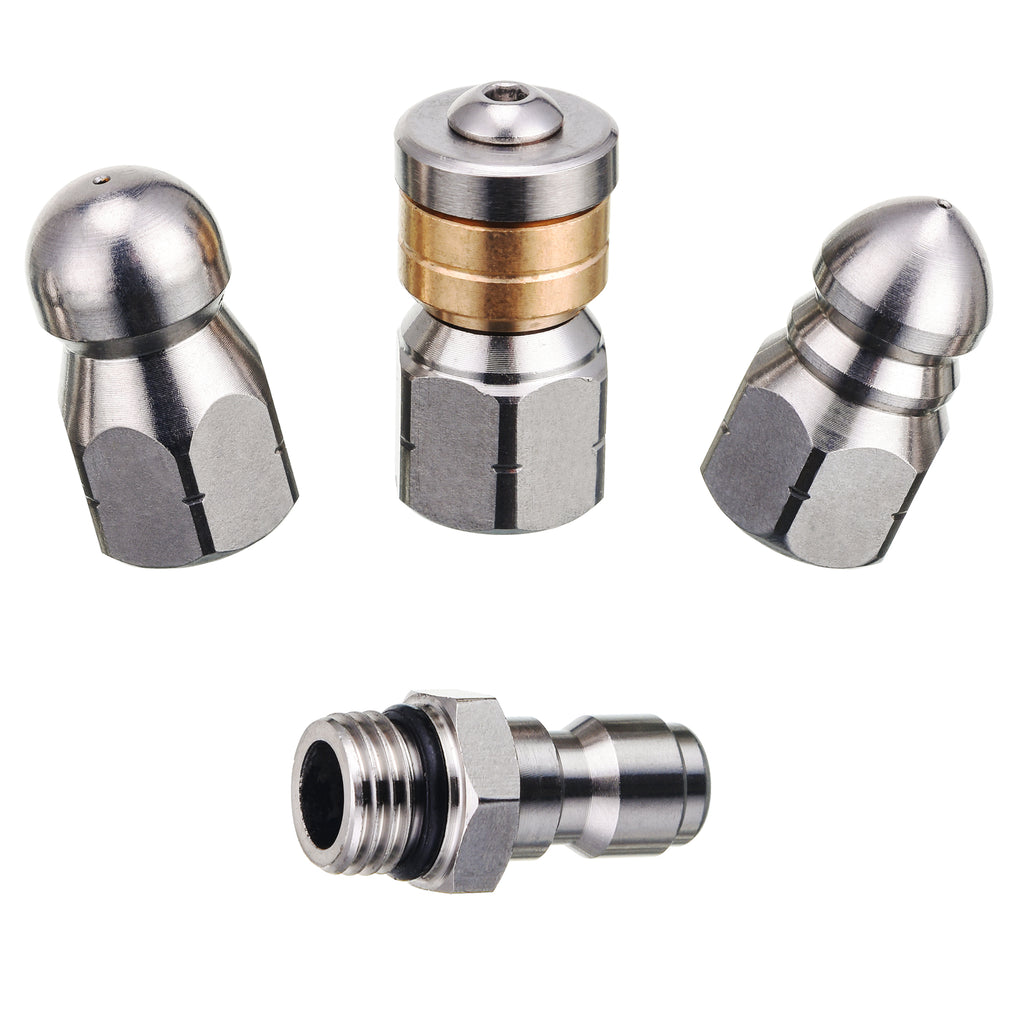 Sewer Jetter Nozzle for Pressure Washer, Stainless Steel Drain Cleaning Tips for Power Washer, 3 Pieces, Button Nose Jet Nozzle, Rotating Flat Jetting Nozzle and Drain Jet Hose Nozzle, 5000 psi