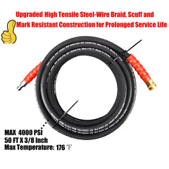 Commercial Pressure Washer Hose, 50 ft. x 3/8 in. Quick Connect, 4,000 PSI | Tool Daily